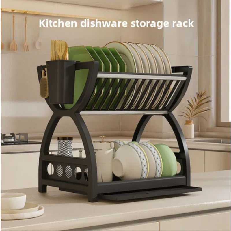 Double-layer draining bowl rack for kitchen
