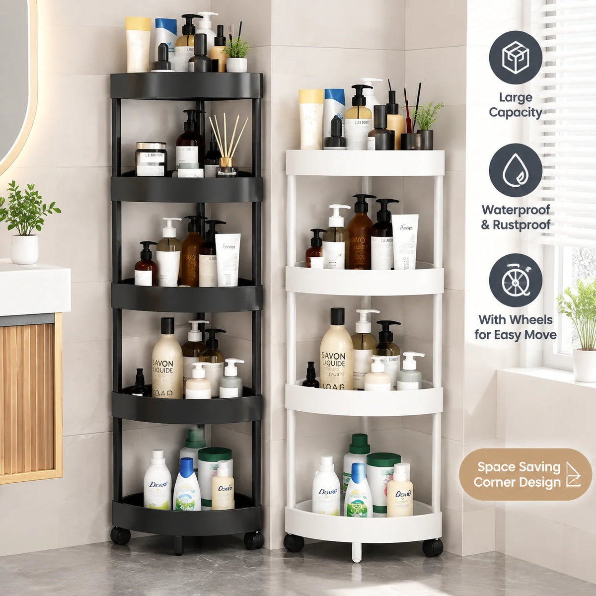 Corner Shelf 5 Tier Storage Rack with Wheels Rolling